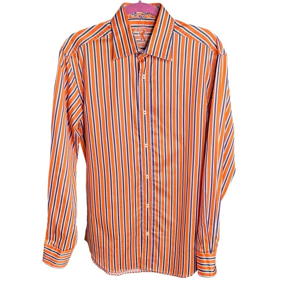 Bugatchi Other - Bugatchi Orange Purple Striped Long Sleeve Button-Up Dress Shirt Sz M Modern Fit